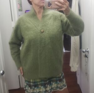 Vtg 80s Lee Sands Rabbit Hair Blend Green One Button Fuzzy Cardigan boxy NWT